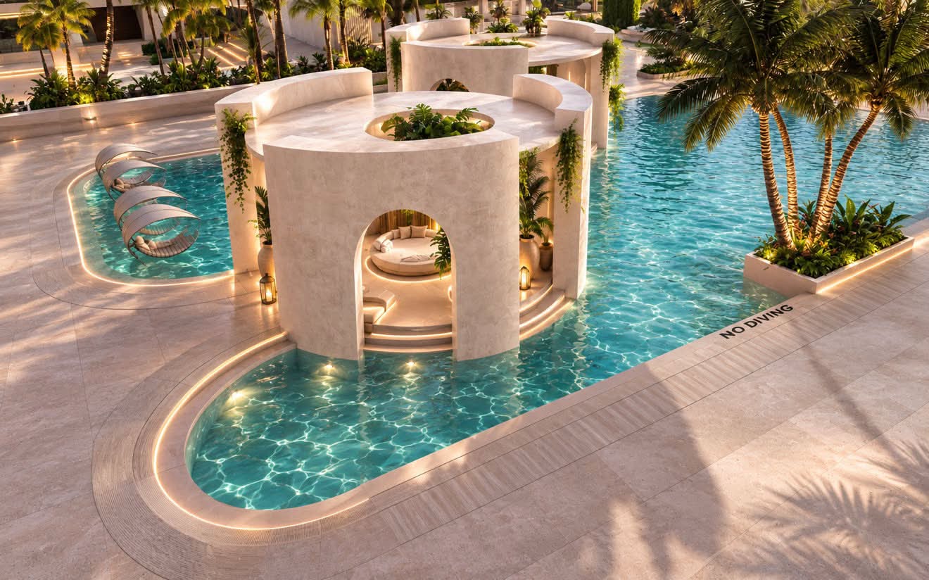 The lagoon pool with private cabana pods
